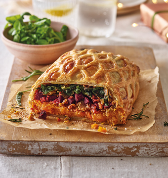 Vegetarian centrepiece wellington served with festive sides